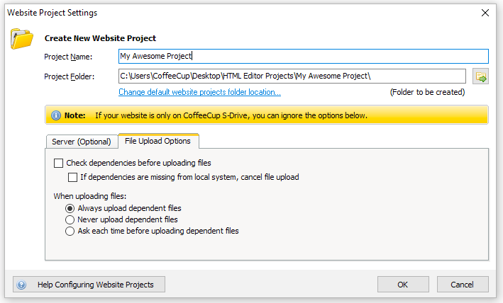 Website Projects File Upload Settings